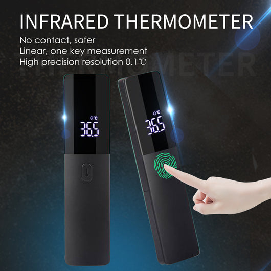 Two black full-screen infrared thermometers with digital displays showing 36.5 °C, one upright and one tilted. - Image 5