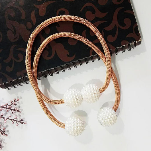 Magenta elastic curtain tieback with two white pearl-beaded spheres, designed to hold curtains elegantly. - Image 7