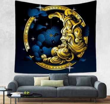 Bohemian sun and moon tapestry with a celestial pattern of golden suns and crescent moons on a dark blue background. - Image 32