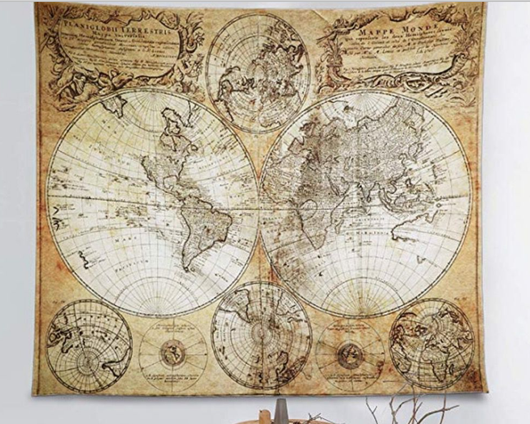 Antique-style world map tapestry with multiple globe projections and decorative borders in brown and beige tones.