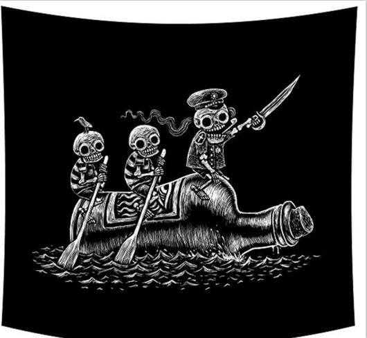 Black and white tapestry with three skeleton figures rowing a boat made from a bottle through waves.