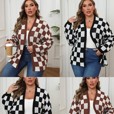 Suéter Cardigan Patchwork Contraste Cuadros Ajedrez Holgado Casual - Image 2