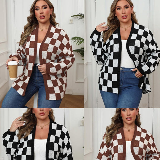 Suéter Cardigan Patchwork Contraste Cuadros Ajedrez Holgado Casual - Image 2