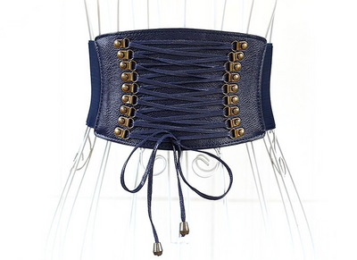 Red wide elastic belt with a faux leather lace-up front panel and bronze-tone eyelets, tied at the bottom. - Image 10