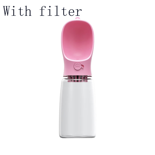 White portable pet water bottle with a clear reservoir and built-in drinking bowl, shown in a bag. - Image 14