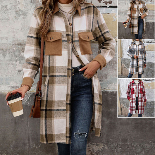 Abrigo Largo de Cuadros Cepillado con Bolsillos - Chaqueta de Invierno para Mujer