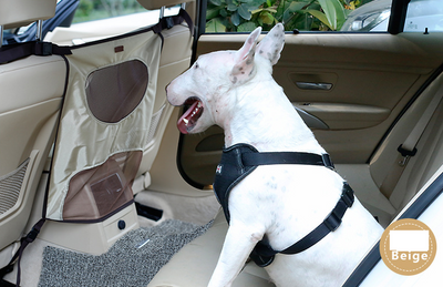 Grey pet car fence installed in a car's rear seat, separating the front and back, with a white Bull Terrier. - Image 4