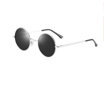 Round vintage sunglasses with gold metal frames and dark black lenses, shown at an angle on a white background. - Image 4