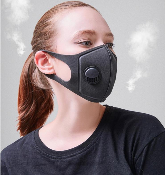 Black breathable face mask with an exhalation valve and ear loops, designed for autumn and winter fashion.