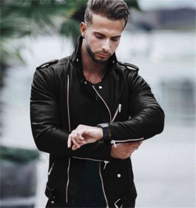 Chaqueta de Cuero para Moto Slim Fit con Cuello Alto y Costuras Reforzadas