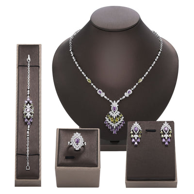 Color zirconium necklace, earrings, bracelet, and ring 4-piece set with purple and green stones. - Image 5