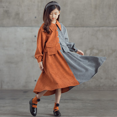 Young girl in a pink and brown color-block corduroy two-piece dress set with a collared top and midi skirt. - Image 4