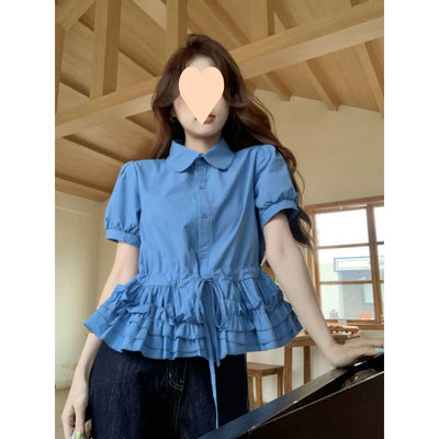 Blusa Juvenil Azul con Cuello de Muñeca y Mangas Abullonadas - Image 3