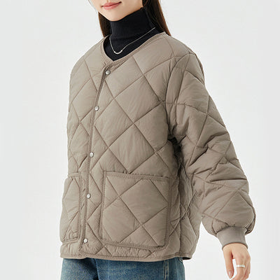 Abrigo Acolchado Rombo para Mujer - Chaqueta Ligera Cálida con Cuello Redondo y Bolsillos - Image 18
