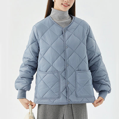 Abrigo Acolchado Rombo para Mujer - Chaqueta Ligera Cálida con Cuello Redondo y Bolsillos - Image 6