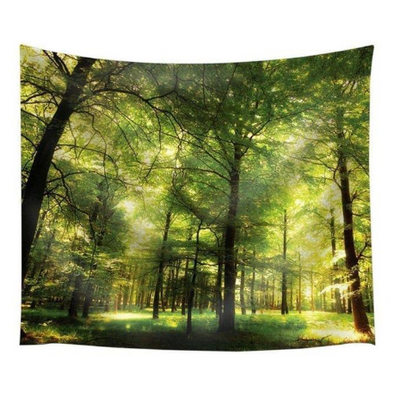 Nature Lover's Tapestry featuring a vibrant forest scene with sunlight filtering through lush green trees.