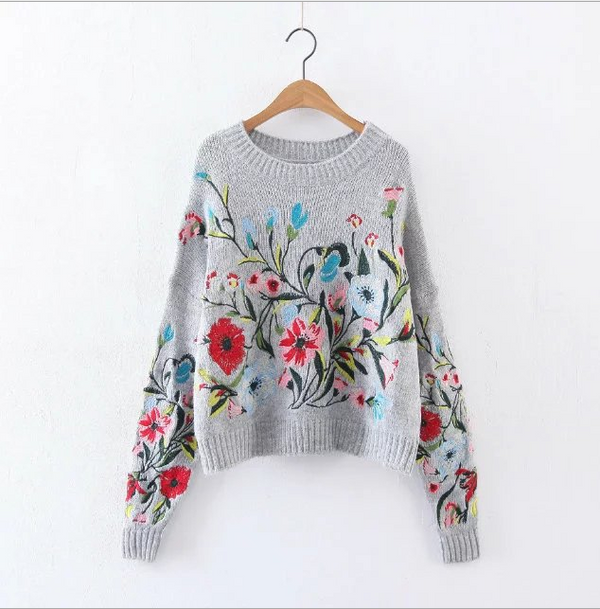 Suéter Tejido con Bordado Floral para Mujer - Cuello Redondo Oversize
