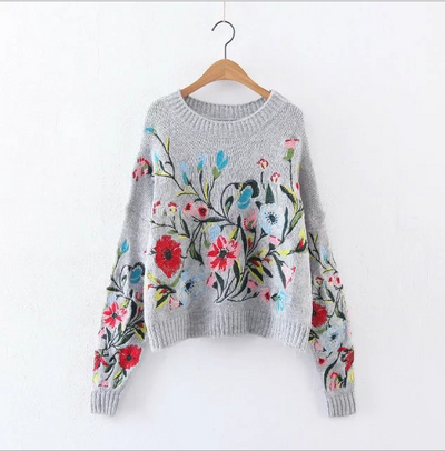 Suéter Tejido con Bordado Floral para Mujer - Cuello Redondo Oversize