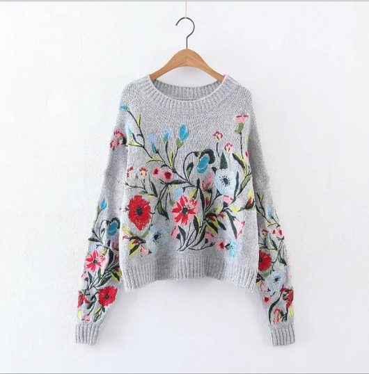 Suéter Tejido con Bordado Floral para Mujer - Cuello Redondo Oversize