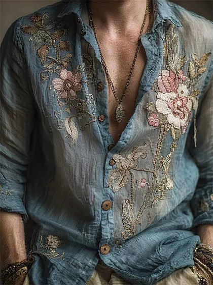Camisa Floral Holgada de Manga Larga Estilo Retro Americano para Hombre - Image 21