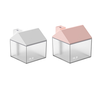 Two house-shaped USB humidifiers, one dark gray and one pink, with clear bases showing H₂O text. - Image 18