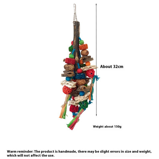Hanging parrot toy made from natural wood, corn husk, and nuts with colorful strings and beads. A small yellow bird perches on the toy. - Image 6