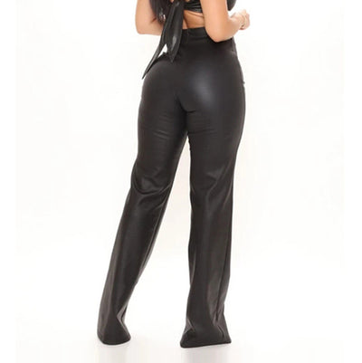 Pantalones de Cuero Sintético Talle Alto Mujer con Cierre Negro - Image 3