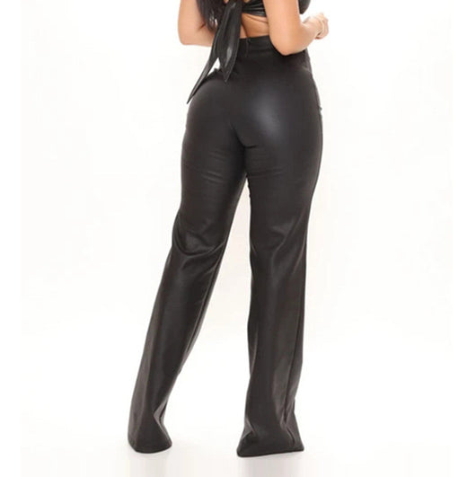 Pantalones de Cuero Sintético Talle Alto Mujer con Cierre Negro - Image 3