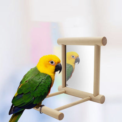 Natural wood bird stand with a double-sided mirror, featuring perches and metal hooks for small birds. - Image 4