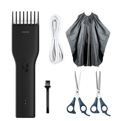 Black cordless hair shaver with a comb attachment and two white indicator lights, with a blurred white shaver in the background. - Image 6