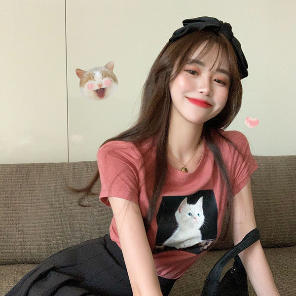 Playera Retro con Estampado de Gato