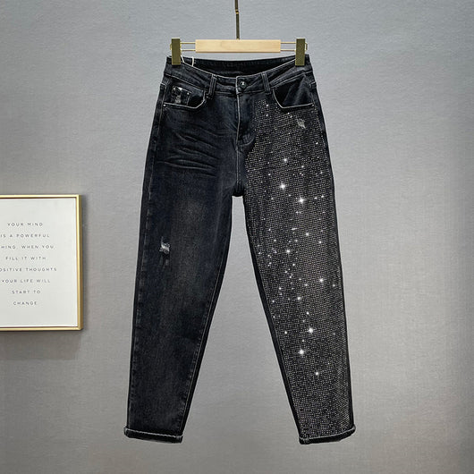 Pantalones Vaqueros Sueltos Mujer Cintura Alta Efecto Reductor con Strass - Image 6