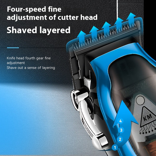 Blue electric hair clipper set with charging base, USB cable, cleaning brush, oil, and six guide combs. - Image 4