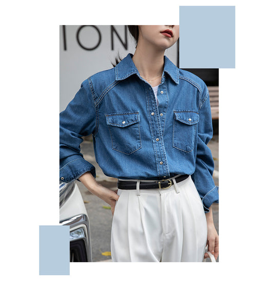 Camisa Denim Retro Azul - Prenda Versátil de Manga Larga - Image 10