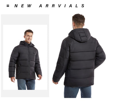 Man and woman modeling black smart heating puffer jackets with hoods, zippered pockets, and horizontal quilting. - Image 20