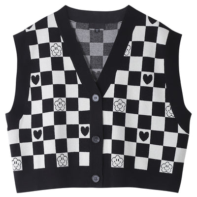 Chaleco Tejido Cuadros Vintage Cuello en V para Mujer - Image 7