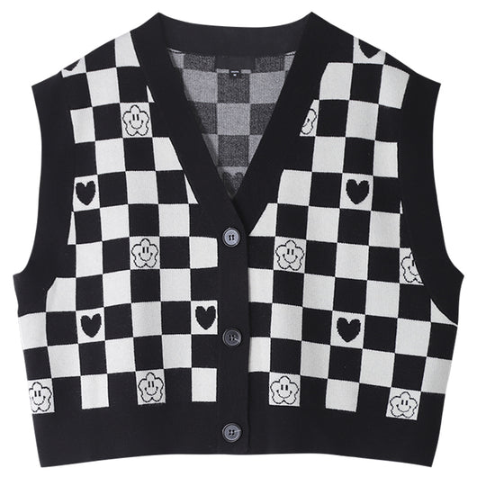 Chaleco Tejido Cuadros Vintage Cuello en V para Mujer - Image 7