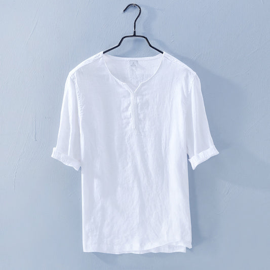 Camiseta de Lino Cuello V Manga Corta Suelta