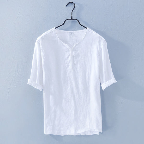 Camiseta de Lino Cuello V Manga Corta Suelta