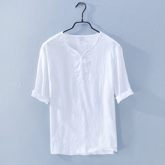 Camiseta de Lino Cuello V Manga Corta Suelta