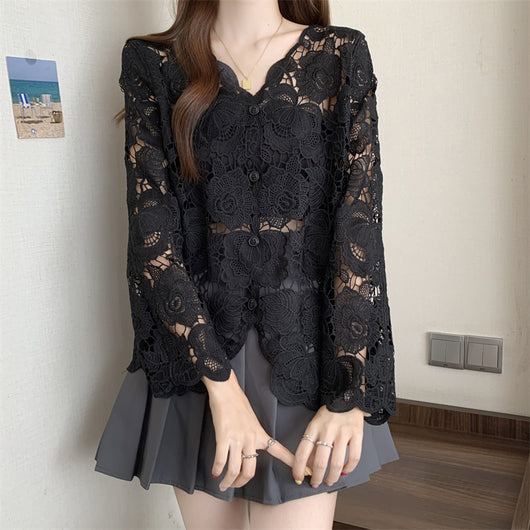 Blusa Larga de Encaje Calado con Mangas Largas para Mujer - Image 12