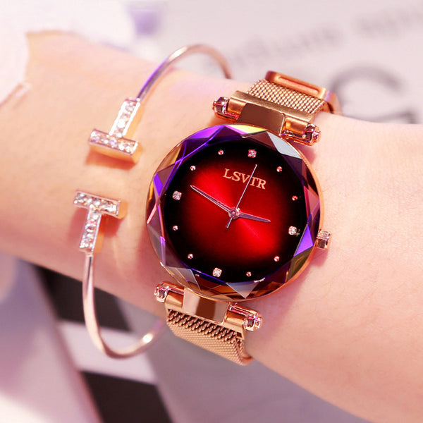 Reloj de Mujer Rose Gold con Diamantes y Cielo Estrellado Magnético Resistente al Agua
