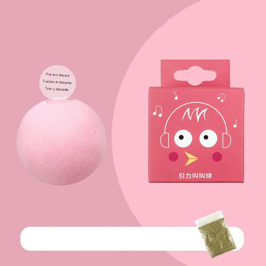 Pink pet gravity voice ball with a pull tab, packaged in a pink box with a cartoon bird design and musical notes. Includes a small bag of catnip. - Image 6