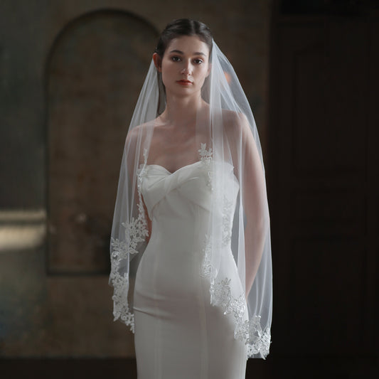 Velo de Novia Elegante Encaje Blanco Monocapa Europeo