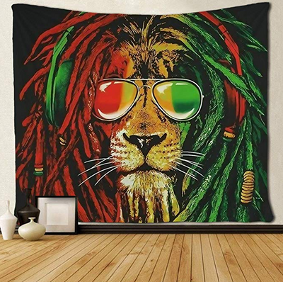 Lion tapestry art featuring a lion's head with red and green dreadlocks, wearing aviator sunglasses. - Image 3