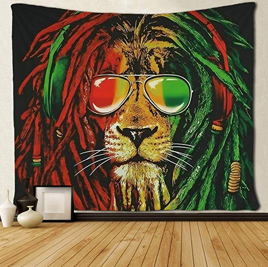 Lion tapestry art featuring a lion's head with red and green dreadlocks, wearing aviator sunglasses. - Image 3
