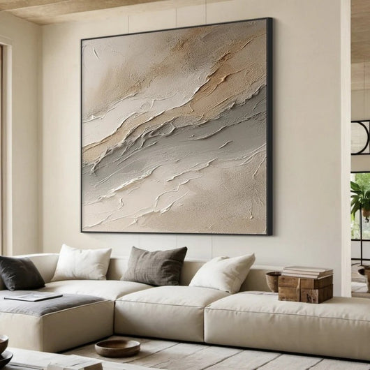 Cuadro Abstracto Texturizado Óleo Sobre Lienzo Beige Gris Olas Decorativo - Image 7