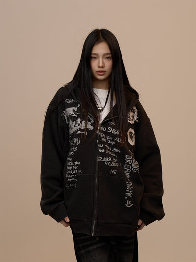 Sudadera Mujer con Capucha y Cierre - Estampado de Letras Negro - Image 11