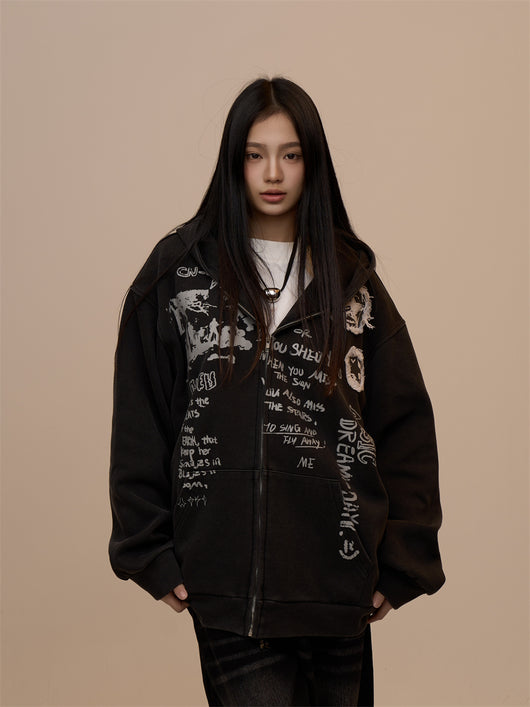 Sudadera Mujer con Capucha y Cierre - Estampado de Letras Negro - Image 11