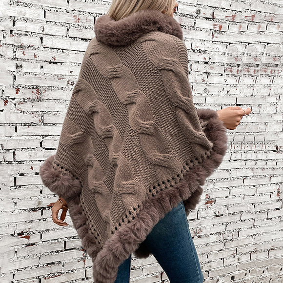 Poncho Suéter Grueso Trenzado con Cuello Alto